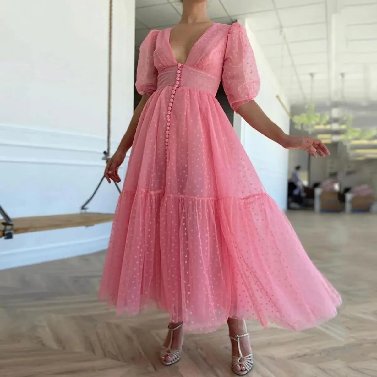 Abiti da sera a pois rosa 2022 Una linea elegante abito da ballo elegante scollo a V maniche corte lunghezza tè abiti da sposa p