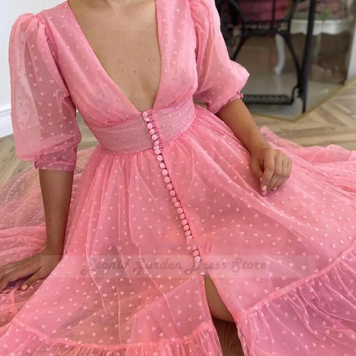 Abiti da sera a pois rosa 2022 Una linea elegante abito da ballo elegante scollo a V maniche corte lunghezza tè abiti da sposa p