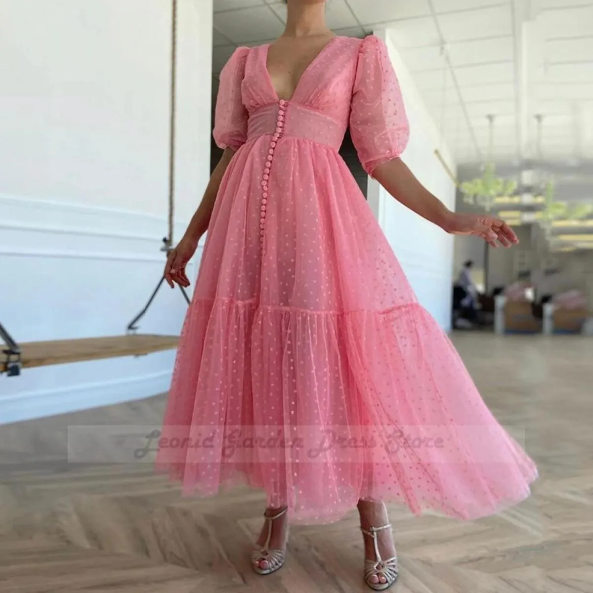 Abiti da sera a pois rosa 2022 Una linea elegante abito da ballo elegante scollo a V maniche corte lunghezza tè abiti da sposa p