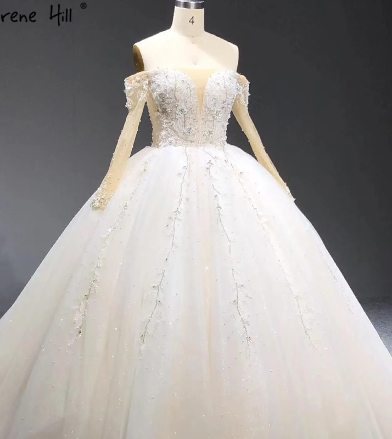 Abiti da sposa con spalle scoperte avorio Dubai 2023 Abiti da sposa maniche lunghe con perle di diamanti Ha2398 Custom Madeweddi