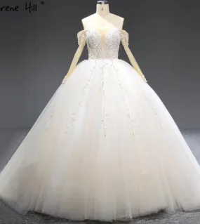 Abiti da sposa con spalle scoperte avorio Dubai 2023 Abiti da sposa maniche lunghe con perle di diamanti Ha2398 Custom Madeweddi