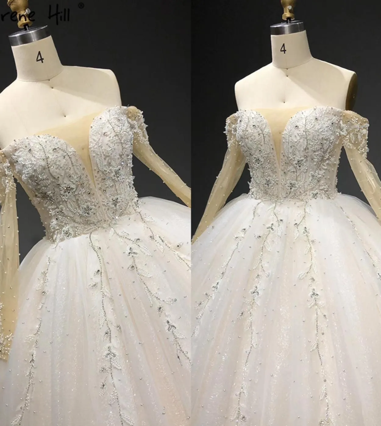 Abiti da sposa con spalle scoperte avorio Dubai 2023 Abiti da sposa maniche lunghe con perle di diamanti Ha2398 Custom Madeweddi