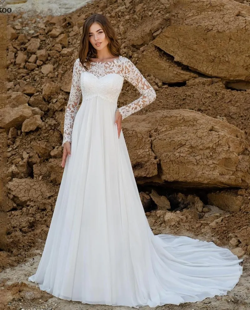 Abiti da sposa in chiffon Bohemien maniche lunghe Scoop Applique Court Tr