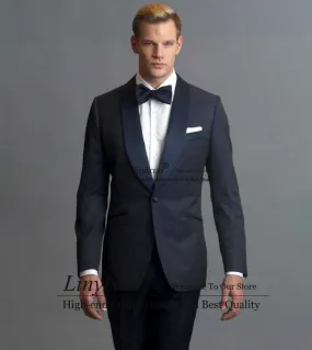 Abiti da uomo blu navy Abiti da sposo smoking da sposo con risvolto Giacca da banchetto slim fit Set da 2 pezzi Groomsmen Giacca