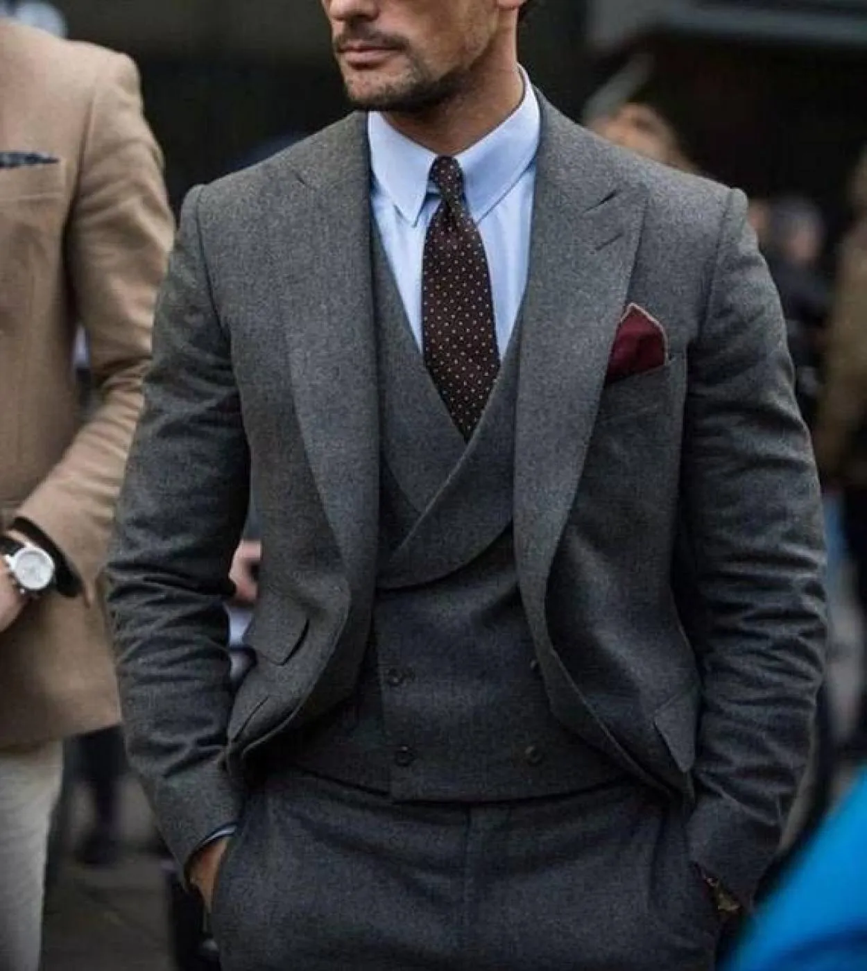 Abiti da uomo con risvolto a punta grigio scuro Abiti da uomo in tweed di alta qualità per matrimonio Pantaloni da giacca person