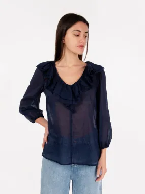 Camicia con volant in mussola blu