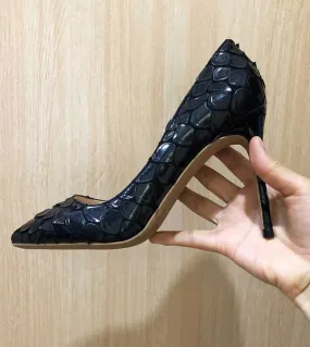 Tikicup Nero Effetto Coccodrillo Donna Modello Punta a punta Décolleté Vestito da donna Vestito da festa Scarpe con tacco alto T